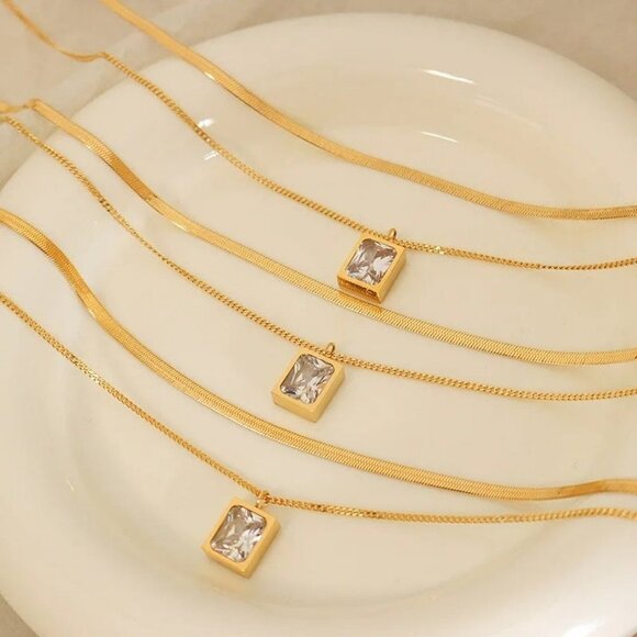 18K Gold Plated Crystal Glass Pendant Necklace For Women Double Snake Chain - Picture 3 of 7